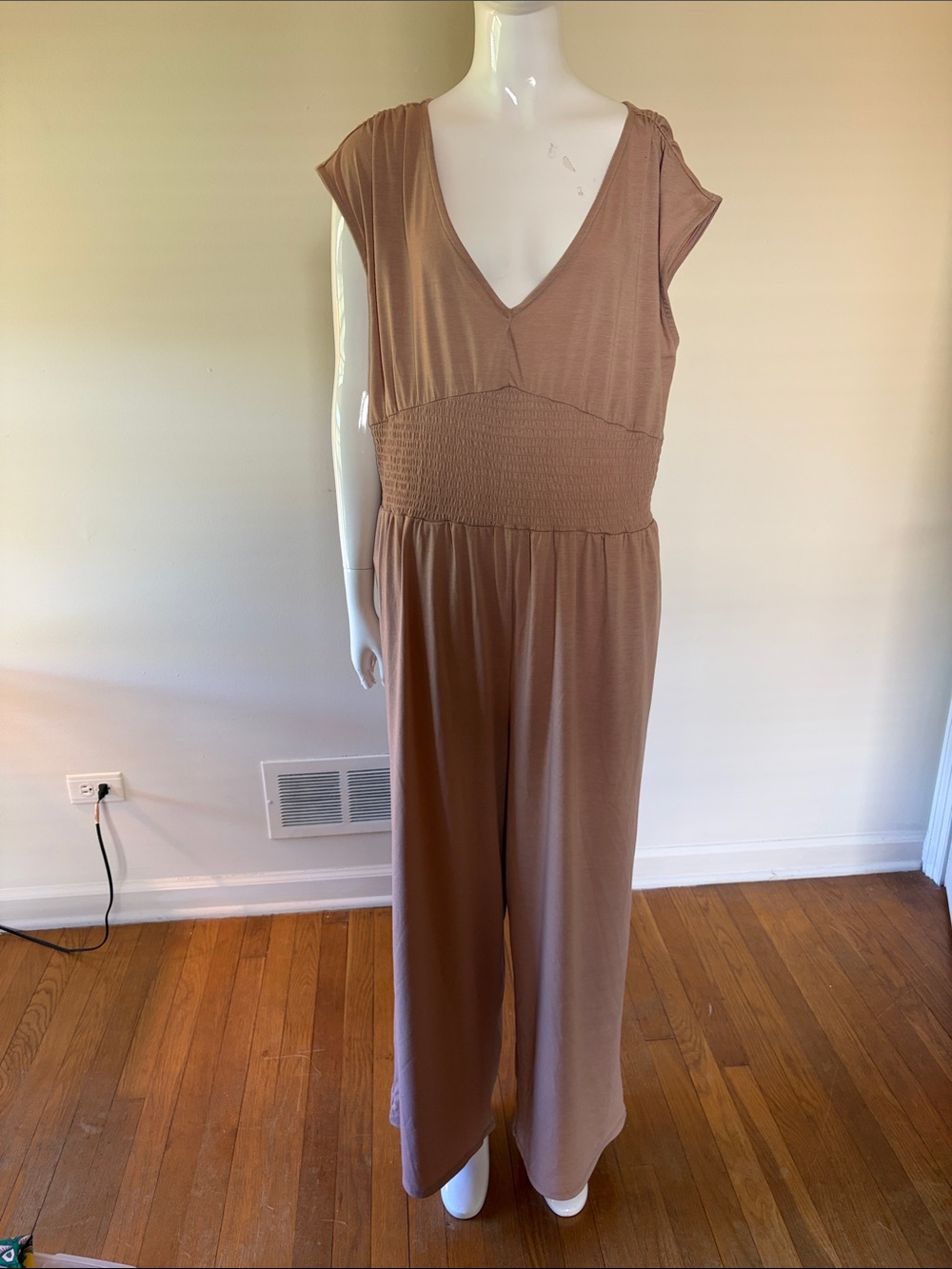 NEW! Sleeveless V-Neck Wide-Leg Jumpsuit in Taupe Rouched
